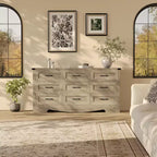 Commode à 9 tiroirs de 150 cm, commode de style rustique, meuble de rangement de style Mid-Century avec dispositif anti-basculement pour chambre à coucher et salon