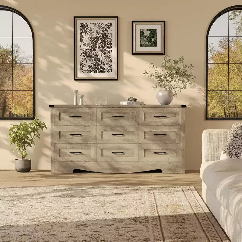 Commode à 9 tiroirs de 150 cm, commode de style rustique, meuble de rangement de style Mid-Century avec dispositif anti-basculement pour chambre à coucher et salon