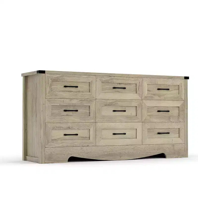 Commode à 9 tiroirs de 150 cm, commode de style rustique, meuble de rangement de style Mid-Century avec dispositif anti-basculement pour chambre à coucher et salon