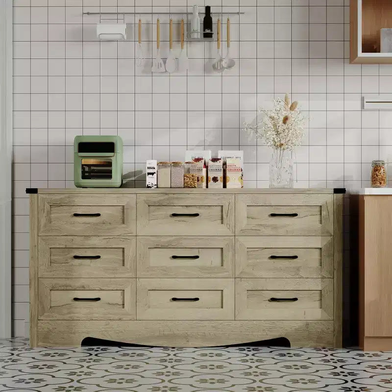 Commode à 9 tiroirs de 150 cm, commode de style rustique, meuble de rangement de style Mid-Century avec dispositif anti-basculement pour chambre à coucher et salon