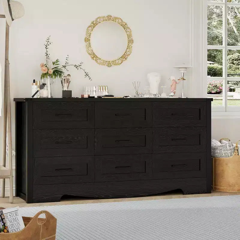 Commode à 9 tiroirs de 150 cm, commode de style rustique, meuble de rangement de style Mid-Century avec dispositif anti-basculement pour chambre à coucher et salon
