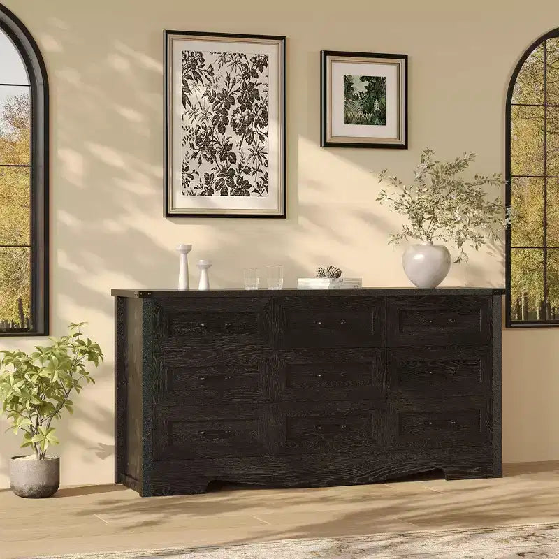 Commode à 9 tiroirs de 150 cm, commode de style rustique, meuble de rangement de style Mid-Century avec dispositif anti-basculement pour chambre à coucher et salon