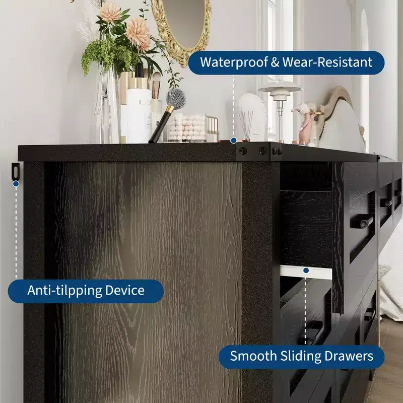 Commode à 9 tiroirs de 150 cm, commode de style rustique, meuble de rangement de style Mid-Century avec dispositif anti-basculement pour chambre à coucher et salon