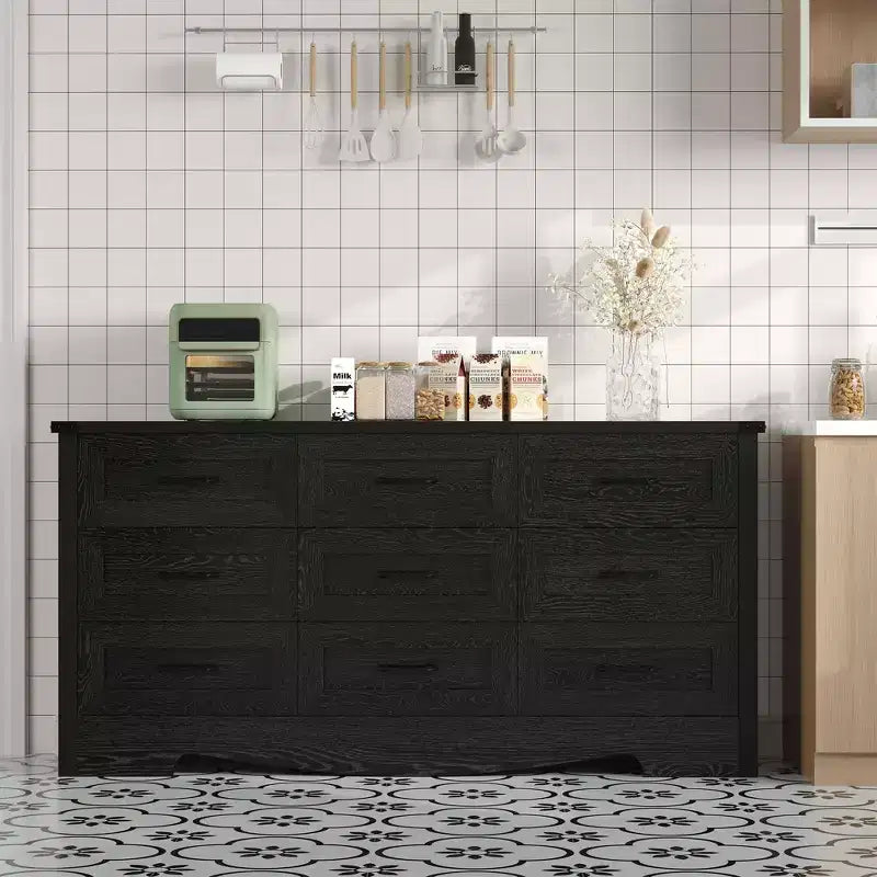 Commode à 9 tiroirs de 150 cm, commode de style rustique, meuble de rangement de style Mid-Century avec dispositif anti-basculement pour chambre à coucher et salon