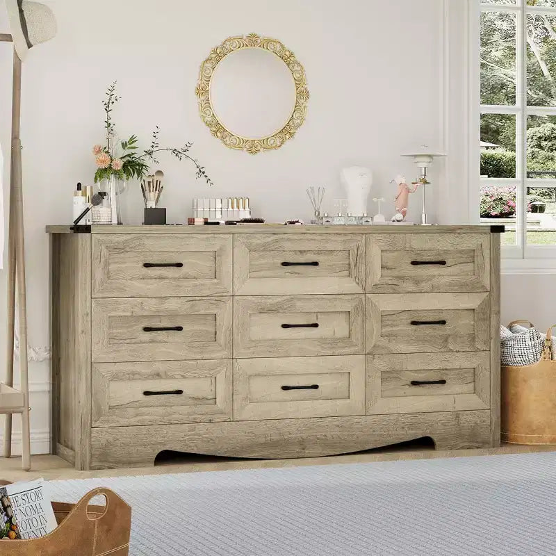 Commode à 9 tiroirs de 150 cm, commode de style rustique, meuble de rangement de style Mid-Century avec dispositif anti-basculement pour chambre à coucher et salon
