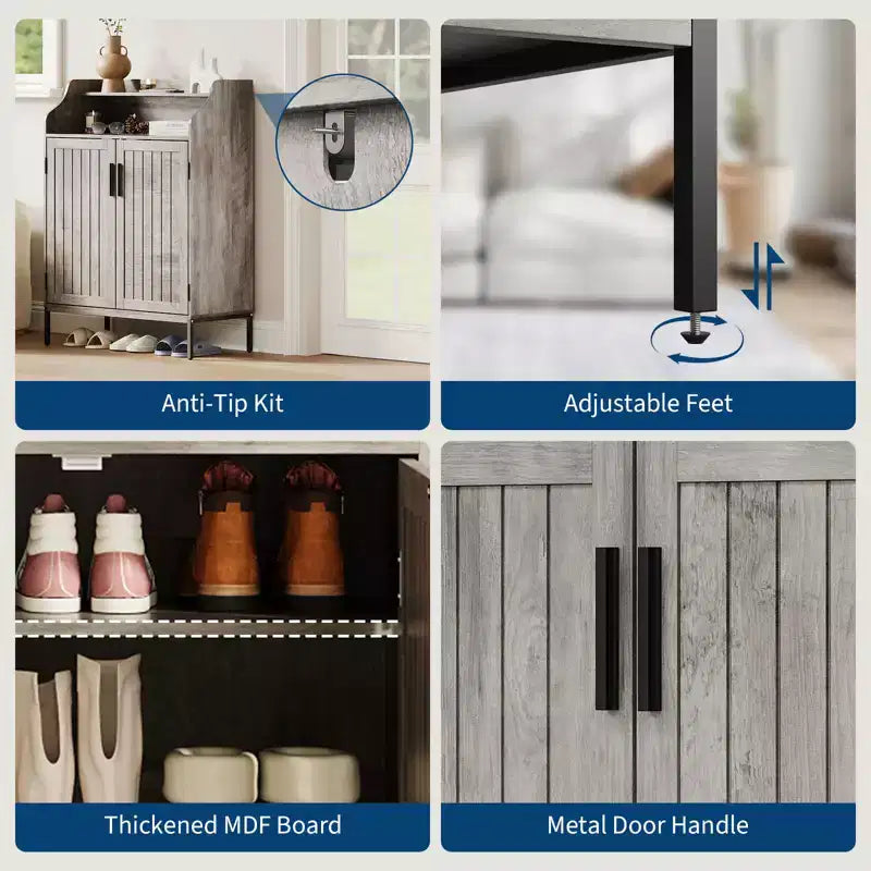 Meuble de rangement pour chaussures en bois à 5 niveaux avec portes, hauteur 104 cm – Organisateur moderne pour entrée et placard avec 3 étagères réglables pour couloir