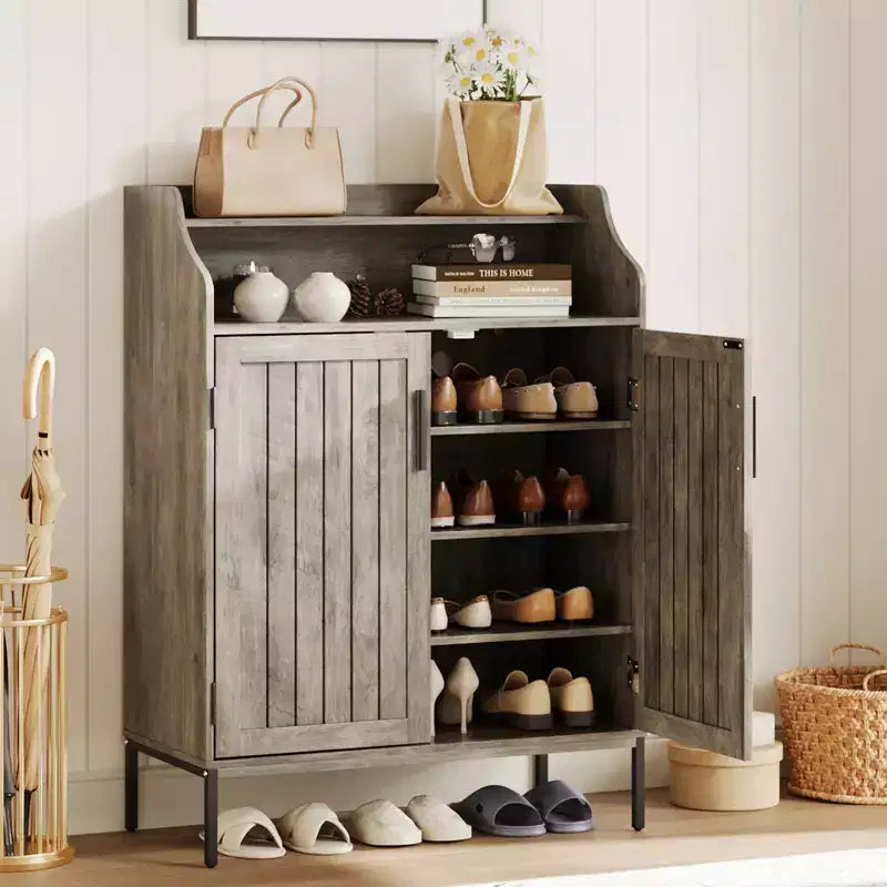 Meuble de rangement pour chaussures en bois à 5 niveaux avec portes, hauteur 104 cm – Organisateur moderne pour entrée et placard avec 3 étagères réglables pour couloir