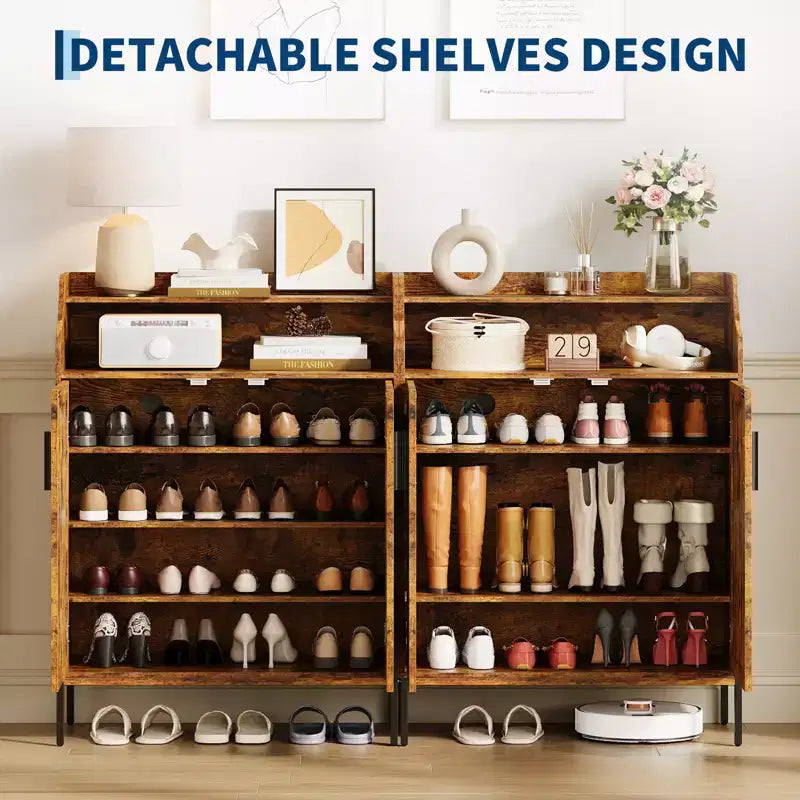 Meuble de rangement pour chaussures en bois à 5 niveaux avec portes, hauteur 104 cm – Organisateur moderne pour entrée et placard avec 3 étagères réglables pour couloir