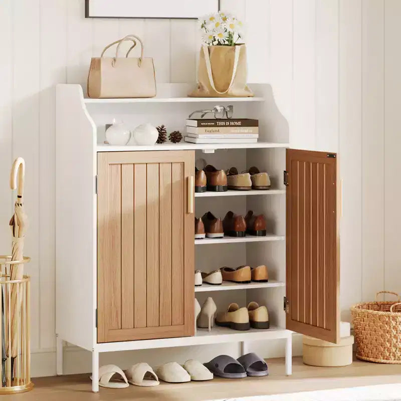 Meuble de rangement pour chaussures en bois à 5 niveaux avec portes, hauteur 104 cm – Organisateur moderne pour entrée et placard avec 3 étagères réglables pour couloir