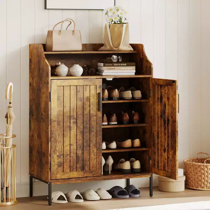Meuble de rangement pour chaussures en bois à 5 niveaux avec portes, hauteur 104 cm – Organisateur moderne pour entrée et placard avec 3 étagères réglables pour couloir