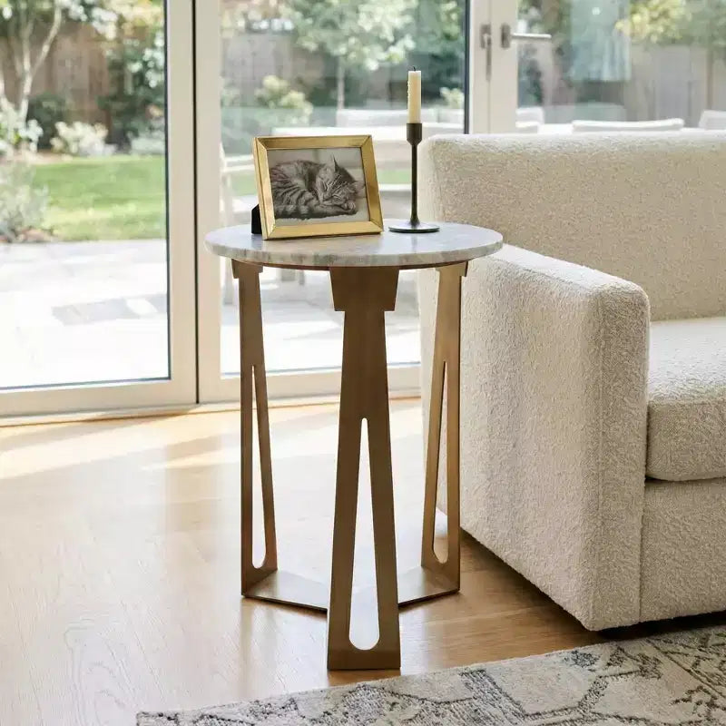 Round End Table with Marble Top and Metal Base for Living Room or Bedroom Decor - Small Side Table for Small Room Spaces - 22, Ivory & Gray