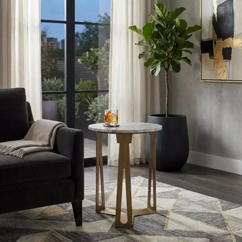 Table d'appoint ronde avec plateau en marbre et base en métal pour la décoration du salon ou de la chambre - Petite table d'appoint pour les petits espaces - 22, Ivoire et Gris