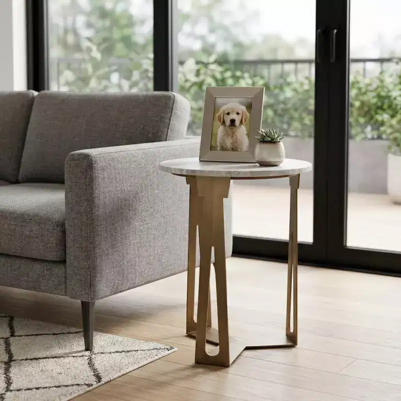 Table d'appoint ronde avec plateau en marbre et base en métal pour la décoration du salon ou de la chambre - Petite table d'appoint pour les petits espaces - 22, Ivoire et Gris