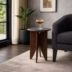 Base en bois de manguier et plateau en pierre pour les petits espaces - Table d'appoint et de bout ronde pour le salon, la chambre et la décoration de la maison - 24, Noir et Marron