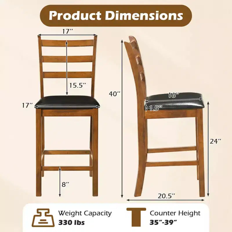Costway Lot de 2/4 tabourets de bar en bois d'hévéa avec dossier échelle et assise rembourrée Noyer et noir