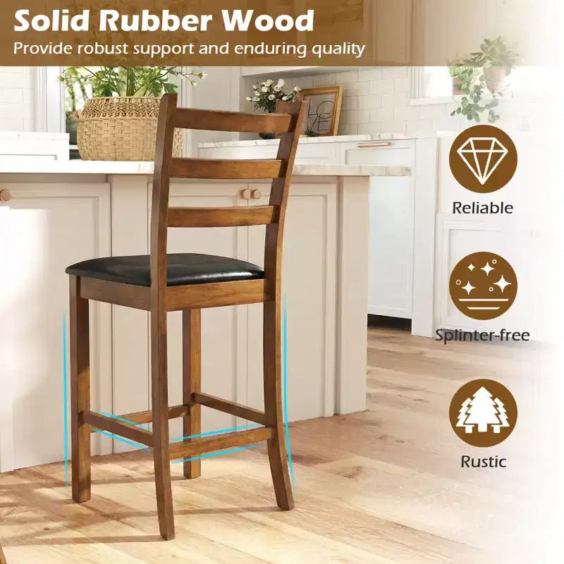 Costway Lot de 2/4 tabourets de bar en bois d'hévéa avec dossier échelle et assise rembourrée Noyer et noir