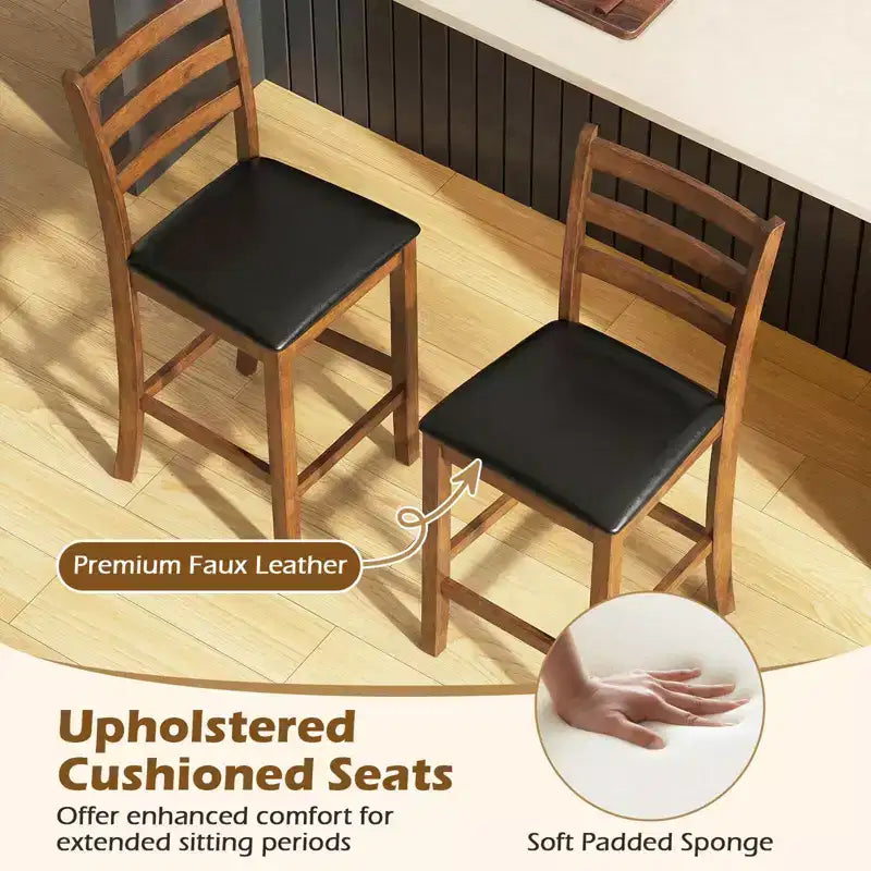 Costway Lot de 2/4 tabourets de bar en bois d'hévéa avec dossier échelle et assise rembourrée Noyer et noir