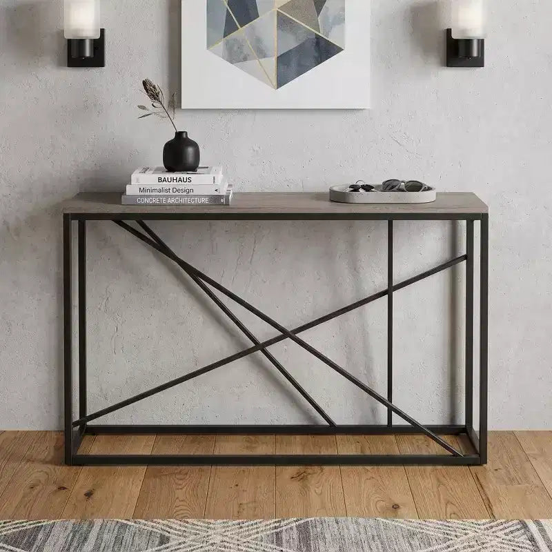 HomeRoots Console avec plateau en similicuir et cadre en fausse pierre, 52", taupe et gris
