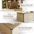 TYBOATLE 32 Table basse de ferme avec rangement, coffre à jouets et malle à couvertures en bois avec plateau relevable, table basse carrée rustique pour salon, marron