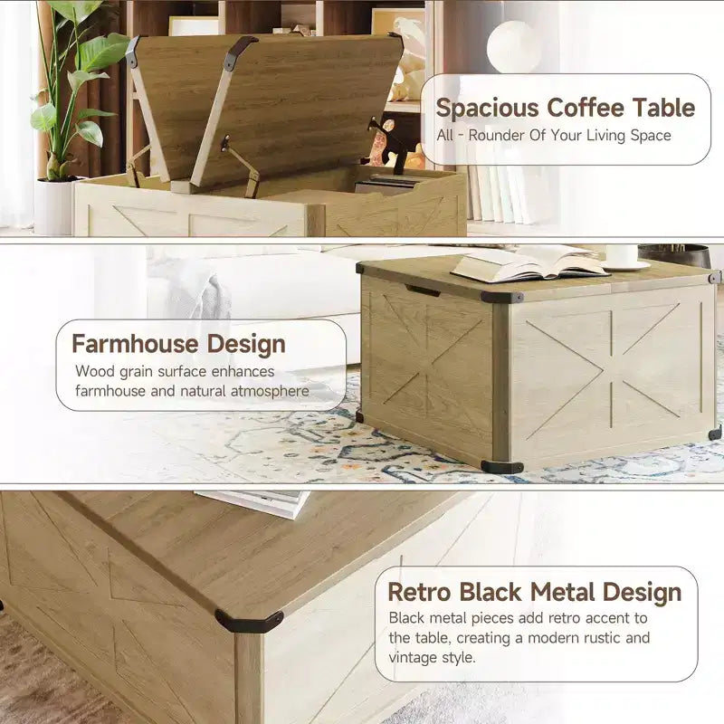 TYBOATLE 32 Table basse de ferme avec rangement, coffre à jouets et malle à couvertures en bois avec plateau relevable, table basse carrée rustique pour salon, marron