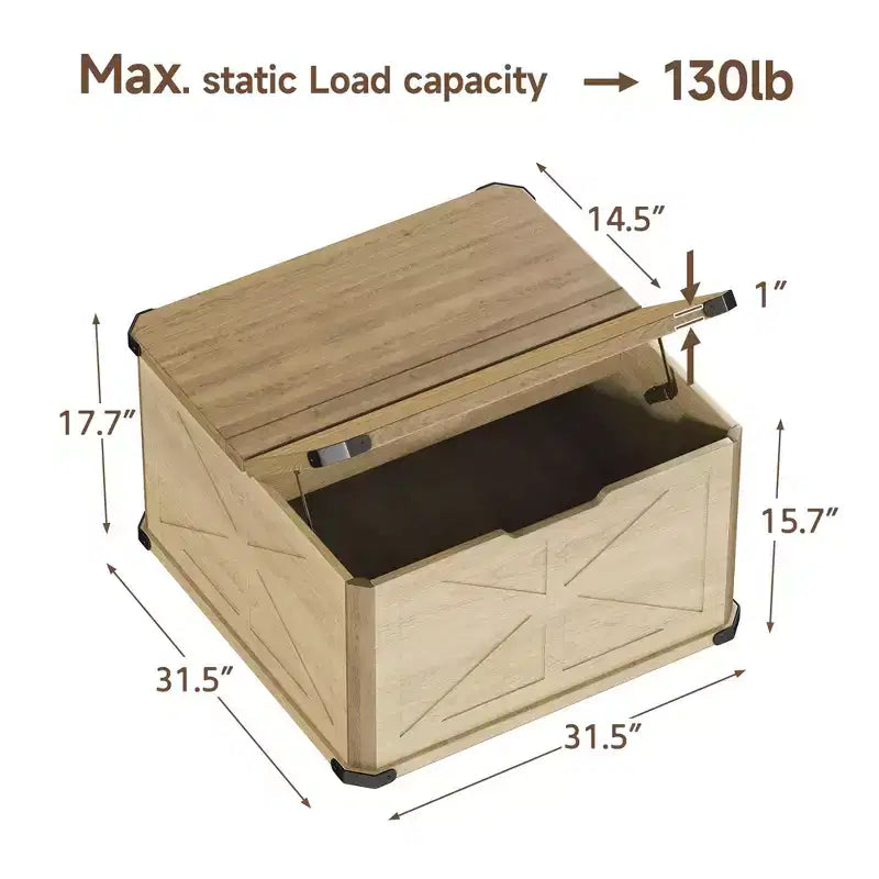 TYBOATLE 32 Table basse de ferme avec rangement, coffre à jouets et malle à couvertures en bois avec plateau relevable, table basse carrée rustique pour salon, marron