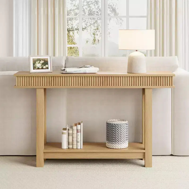 Console de style ferme avec pieds cannelés, Table d'entrée en bois à 2 niveaux avec étagère de rangement, Table d'entrée pour vestibule, couloir, salon