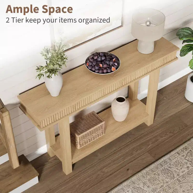 Console de style ferme avec pieds cannelés, Table d'entrée en bois à 2 niveaux avec étagère de rangement, Table d'entrée pour vestibule, couloir, salon