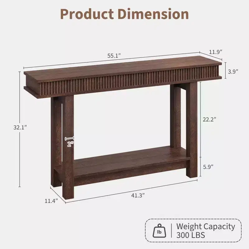 Console de style ferme avec pieds cannelés, Table d'entrée en bois à 2 niveaux avec étagère de rangement, Table d'entrée pour vestibule, couloir, salon