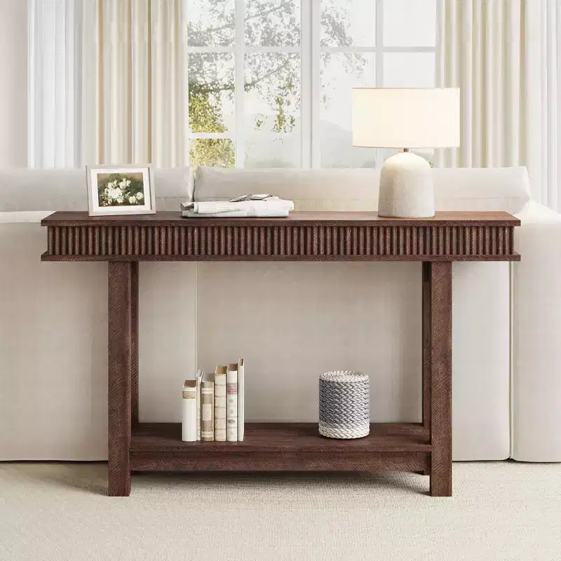 Console de style ferme avec pieds cannelés, Table d'entrée en bois à 2 niveaux avec étagère de rangement, Table d'entrée pour vestibule, couloir, salon