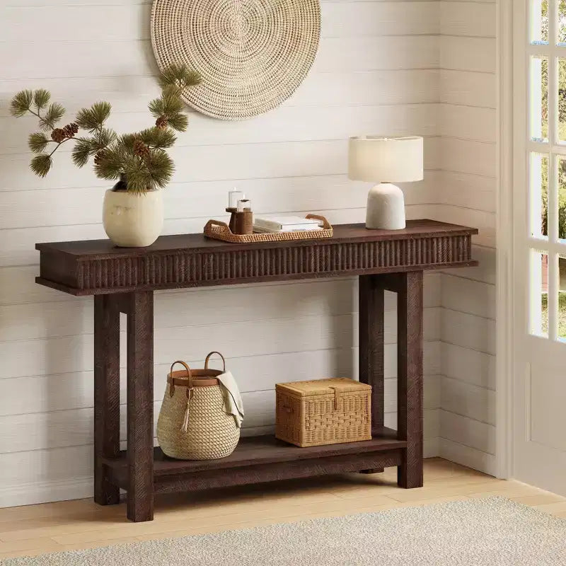 Console de style ferme avec pieds cannelés, Table d'entrée en bois à 2 niveaux avec étagère de rangement, Table d'entrée pour vestibule, couloir, salon