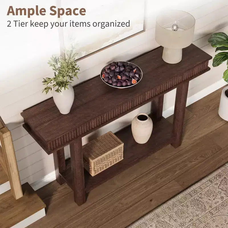 Console de style ferme avec pieds cannelés, Table d'entrée en bois à 2 niveaux avec étagère de rangement, Table d'entrée pour vestibule, couloir, salon