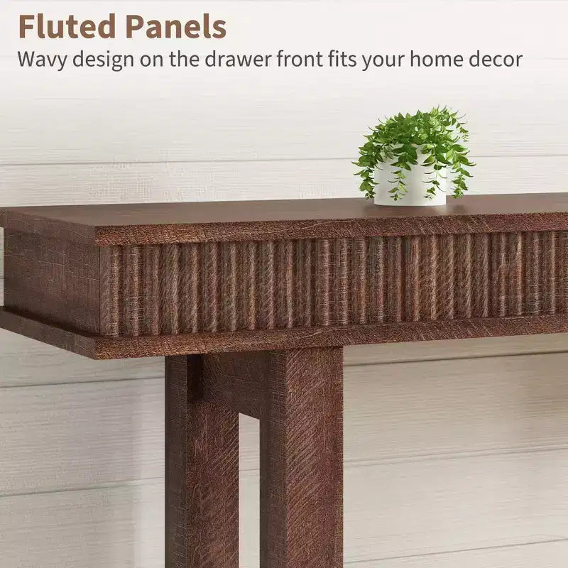 Console de style ferme avec pieds cannelés, Table d'entrée en bois à 2 niveaux avec étagère de rangement, Table d'entrée pour vestibule, couloir, salon