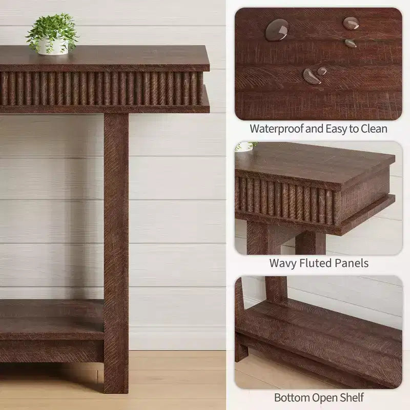 Console de style ferme avec pieds cannelés, Table d'entrée en bois à 2 niveaux avec étagère de rangement, Table d'entrée pour vestibule, couloir, salon