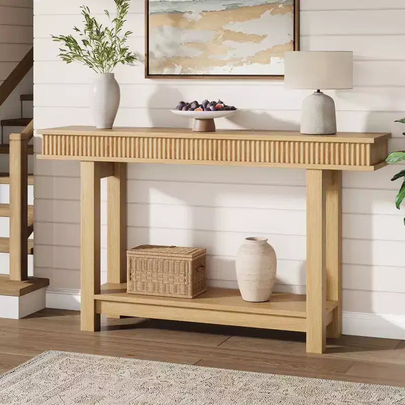 Console de style ferme avec pieds cannelés, Table d'entrée en bois à 2 niveaux avec étagère de rangement, Table d'entrée pour vestibule, couloir, salon