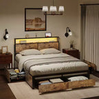 HAUSOURCE Industrial Style Queen Platform Modern Bed Frame with 4 Drawers, Headboard storage, and Outlets, Sturdy Metal Construction, Rustic Brown