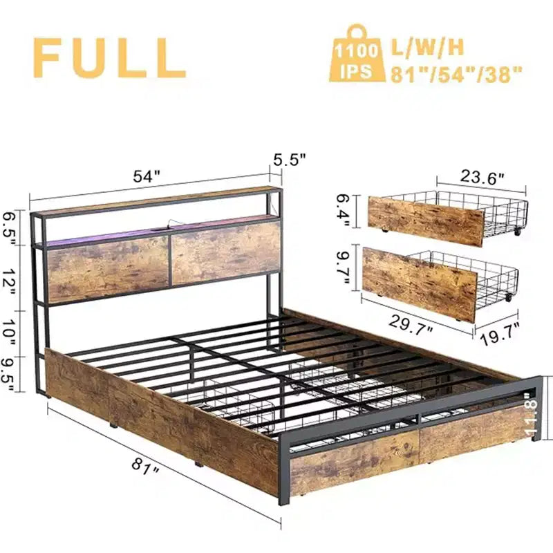 HAUSOURCE Lit plateforme moderne de style industriel Queen avec 4 tiroirs, rangement de tête de lit et prises, construction métallique robuste, marron rustique