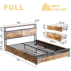 HAUSOURCE Lit plateforme moderne de style industriel Queen avec 4 tiroirs, rangement de tête de lit et prises, construction métallique robuste, marron rustique