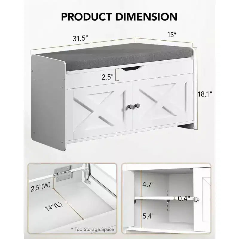 Banc à chaussures, petit banc d'entrée de 80 cm avec siège rembourré à ouverture supérieure, 2 portes, capacité de 136 kg, banc avec range-chaussures pour entrée