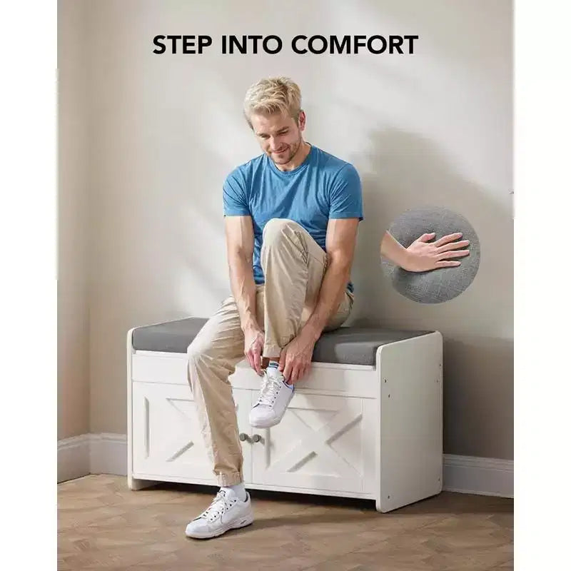 Banc à chaussures, petit banc d'entrée de 80 cm avec siège rembourré à ouverture supérieure, 2 portes, capacité de 136 kg, banc avec range-chaussures pour entrée