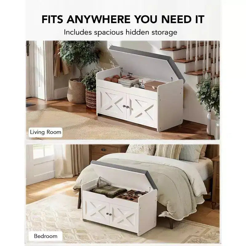 Banc à chaussures, petit banc d'entrée de 80 cm avec siège rembourré à ouverture supérieure, 2 portes, capacité de 136 kg, banc avec range-chaussures pour entrée