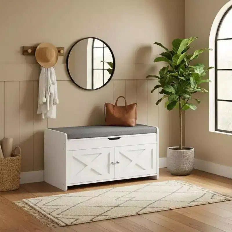 Banc à chaussures, petit banc d'entrée de 80 cm avec siège rembourré à ouverture supérieure, 2 portes, capacité de 136 kg, banc avec range-chaussures pour entrée