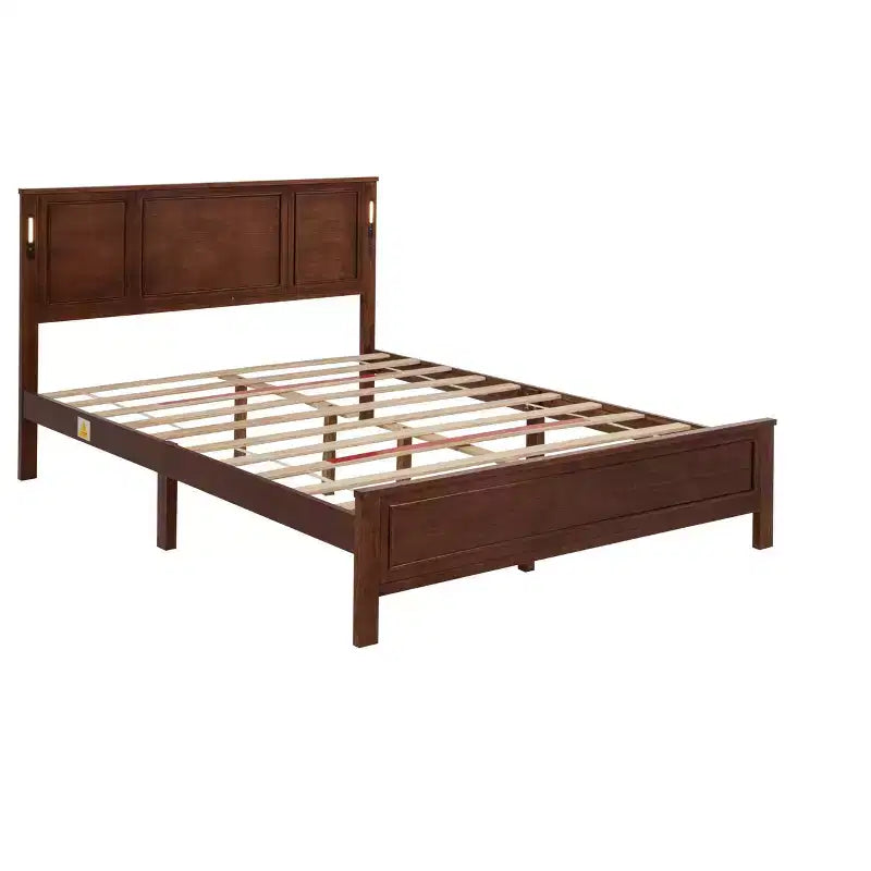 Lit plateforme ModernLuxe Queen/King Size avec tête de lit haute, cadre de lit en bois style ferme avec lumières LED et ports USB