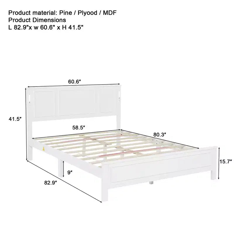 Lit plateforme ModernLuxe Queen/King Size avec tête de lit haute, cadre de lit en bois style ferme avec lumières LED et ports USB