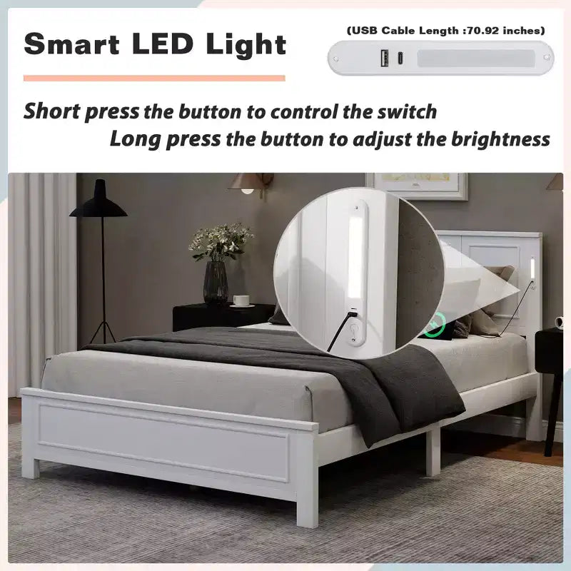 Lit plateforme ModernLuxe Queen/King Size avec tête de lit haute, cadre de lit en bois style ferme avec lumières LED et ports USB