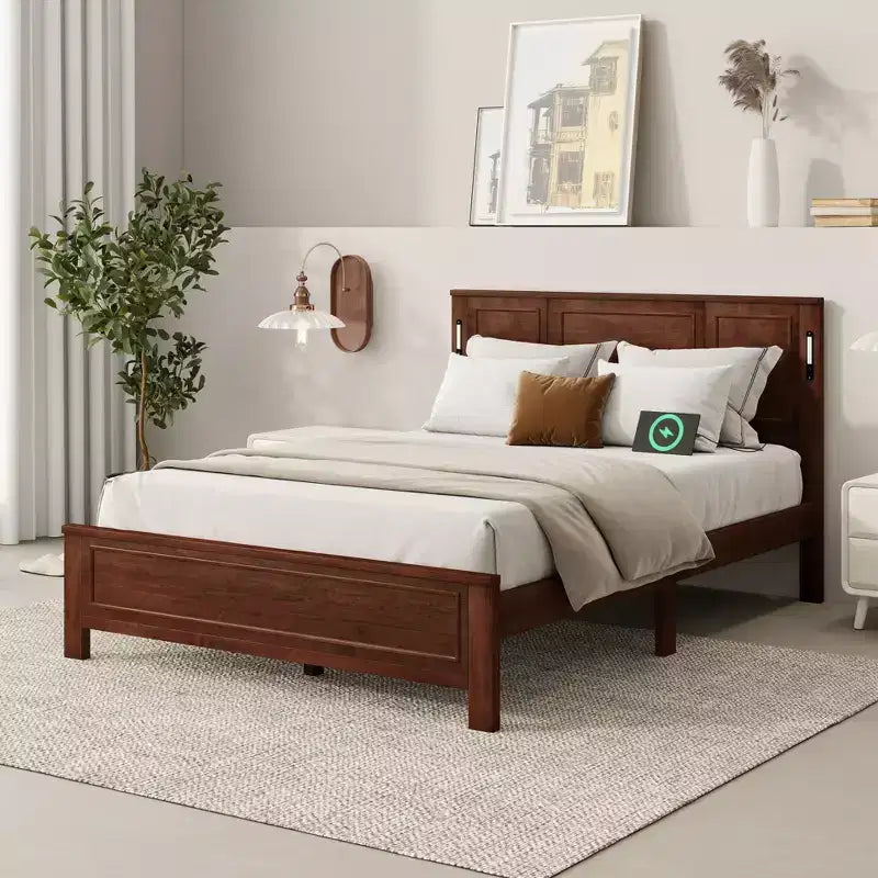 Lit plateforme ModernLuxe Queen/King Size avec tête de lit haute, cadre de lit en bois style ferme avec lumières LED et ports USB