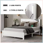 Lit plateforme ModernLuxe Queen/King Size avec tête de lit haute, cadre de lit en bois style ferme avec lumières LED et ports USB