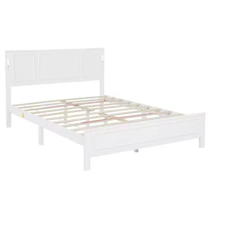 Lit plateforme ModernLuxe Queen/King Size avec tête de lit haute, cadre de lit en bois style ferme avec lumières LED et ports USB