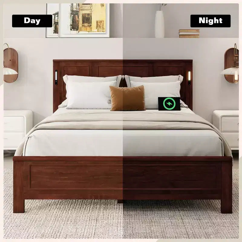 Lit plateforme ModernLuxe Queen/King Size avec tête de lit haute, cadre de lit en bois style ferme avec lumières LED et ports USB