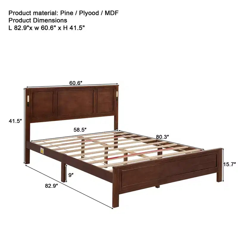 Lit plateforme ModernLuxe Queen/King Size avec tête de lit haute, cadre de lit en bois style ferme avec lumières LED et ports USB