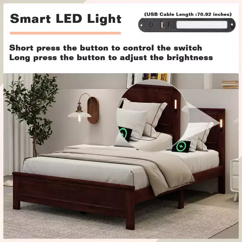 Lit plateforme ModernLuxe Queen/King Size avec tête de lit haute, cadre de lit en bois style ferme avec lumières LED et ports USB